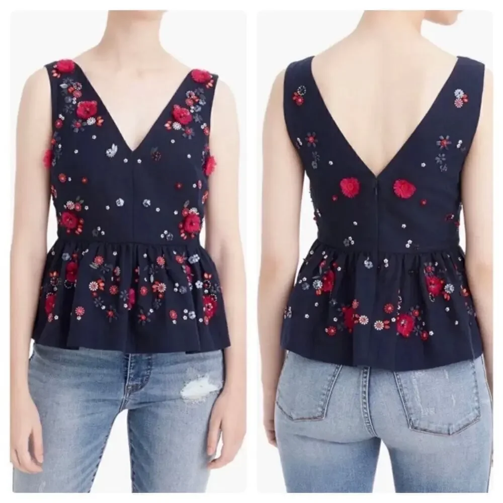 J. Crew Hand-Embellished Beaded Linen Blend Sleeveless Peplum Top Navy Red Sz 00